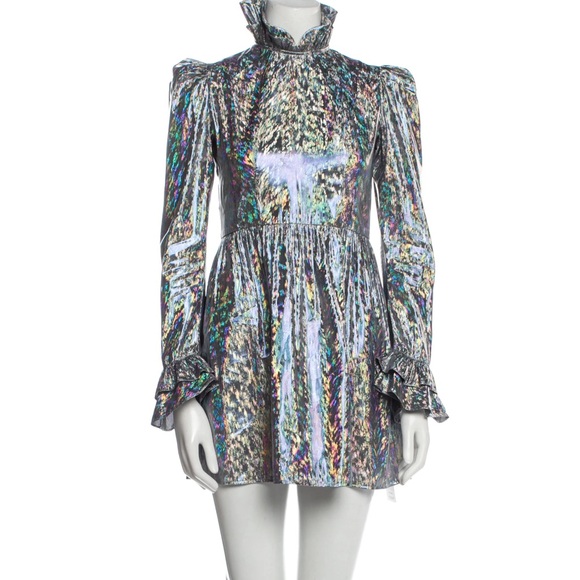 Batsheva Mini Prairie Dress In Silver Holographic Lamè - Picture 3 of 10